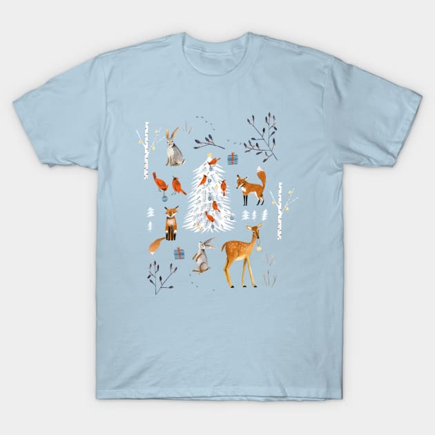 Cute woodland animals winter snow tree T-Shirt by CarolineBMuller